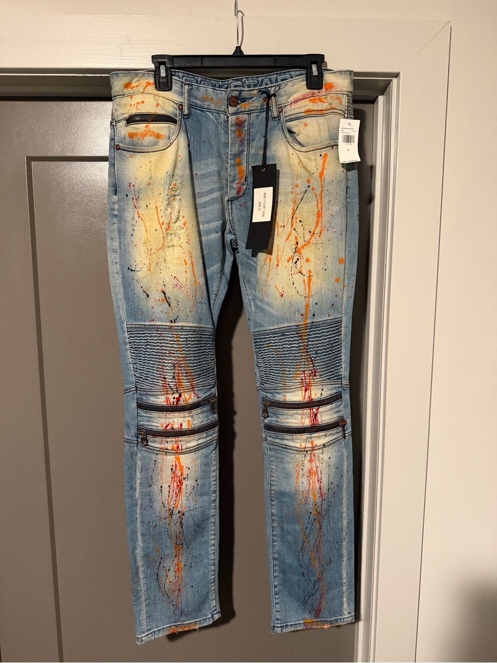 Men's Light Blue Skinny Paint-Splatter Biker Jeans